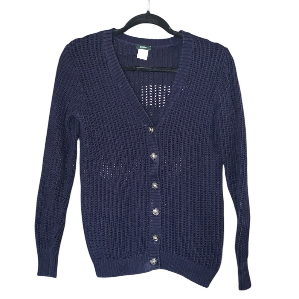 J.Crew Open Knit Crochet Button‎ Front Navy Cardigan Size Small